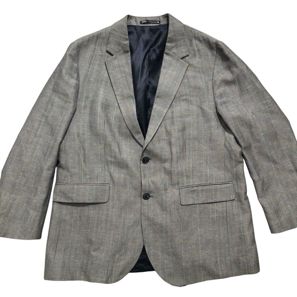 Zara Blazer Mens 44 Gray Plaid Wool Linen Sport Coat Jacket Two Button Classic